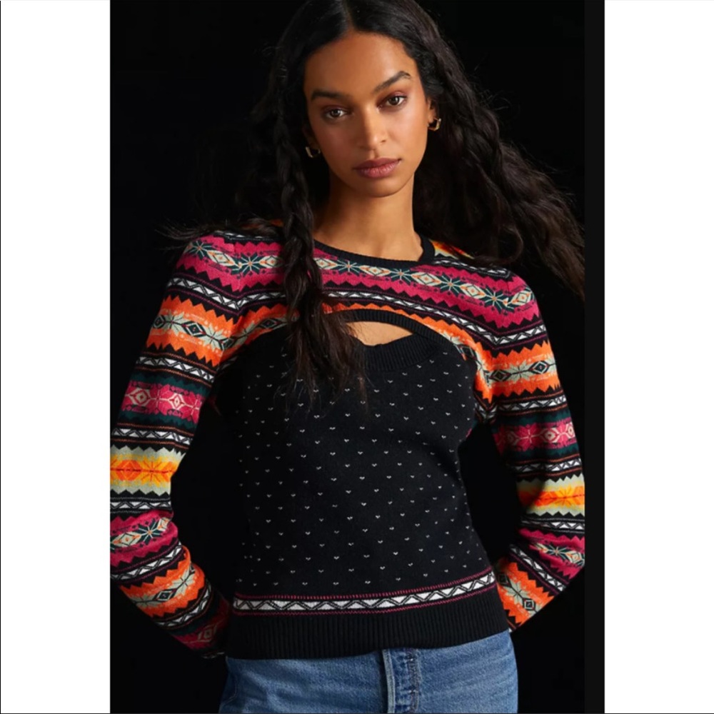 Black Cutout Fair Isle Knit Sweater with Multicolor Sleeves